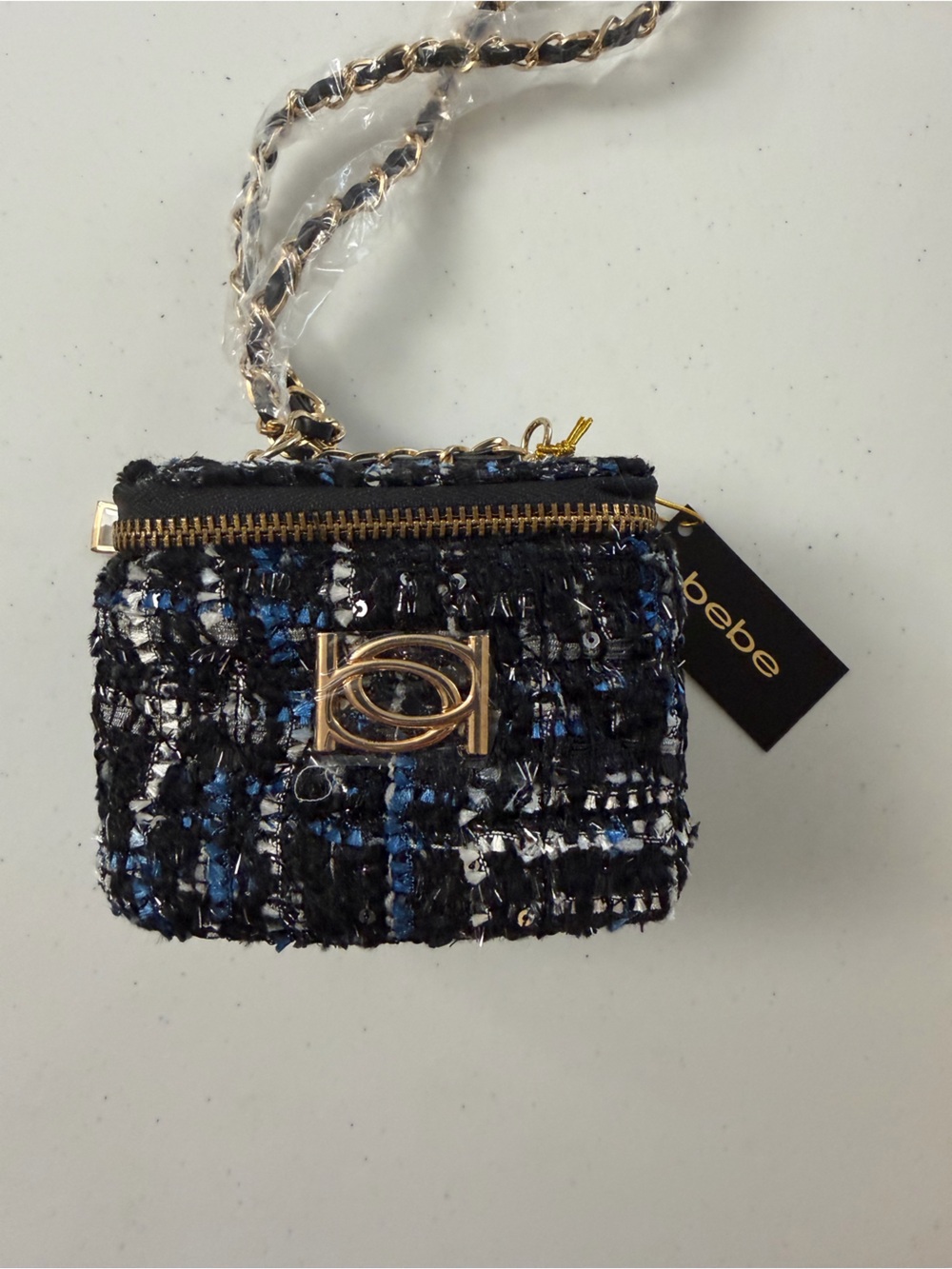 bebe Black and Blue Tweed Crossbody Bag